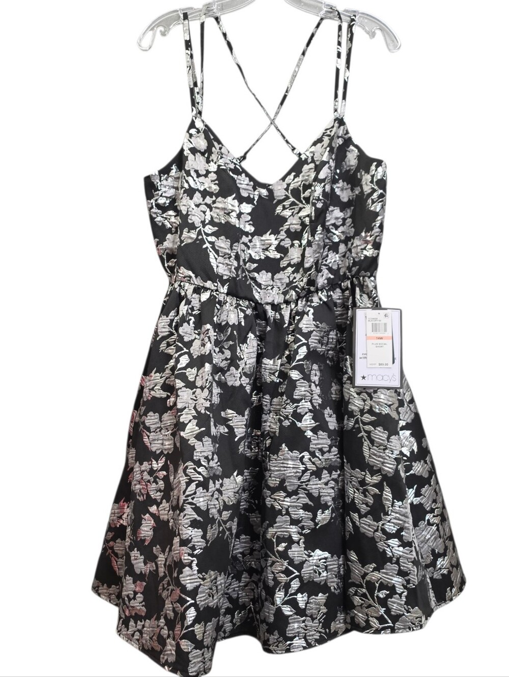 B Darlin Nwt Black w Metalic Silver Floral Spaghetti Strap A Line Party Dress